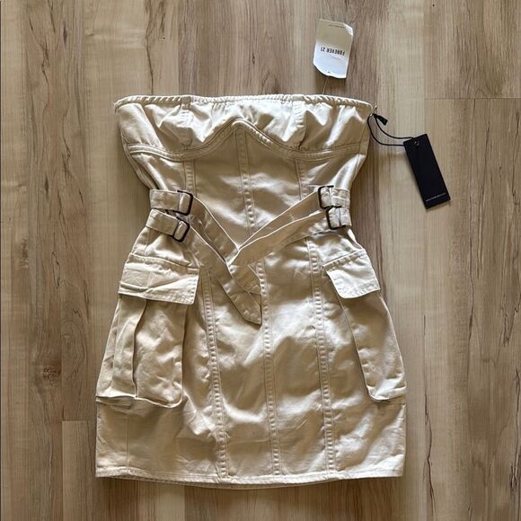 NEW Forever 21 Cream Cargo Mini Strapless Dress - Picture 1 of 3